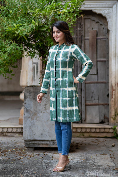 Green Shibori Reversible Quilted Coat-NVQJ548