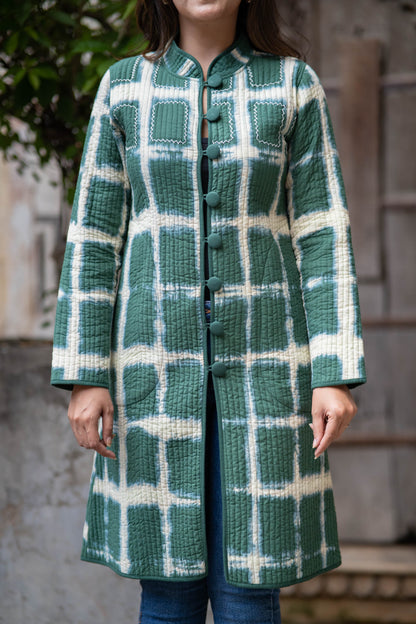 Green Shibori Reversible Quilted Coat-NVQJ548