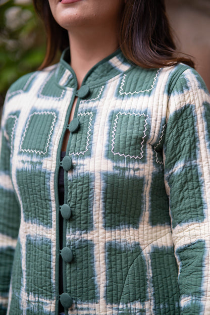Green Shibori Reversible Quilted Coat-NVQJ548
