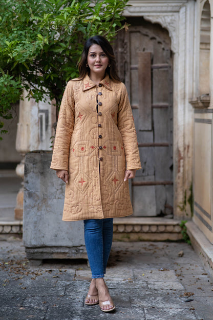 Sand Brown Kantha Quilted Coat-NVQJ558