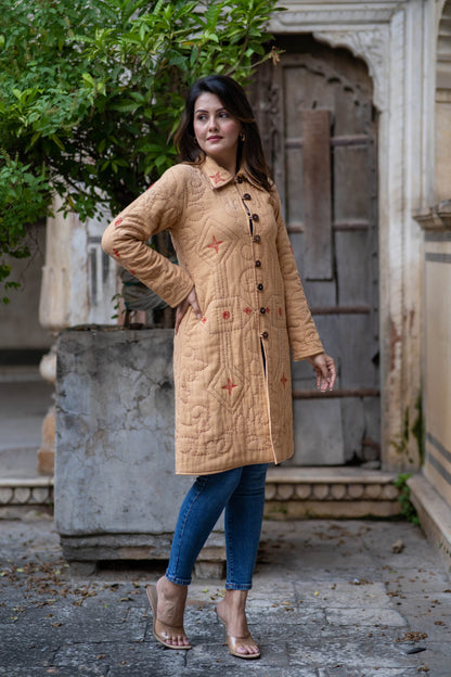 Sand Brown Kantha Quilted Coat-NVQJ558