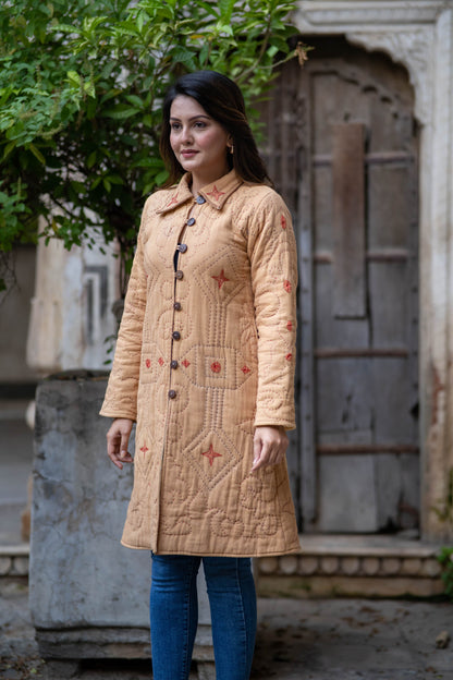 Sand Brown Kantha Quilted Coat-NVQJ558