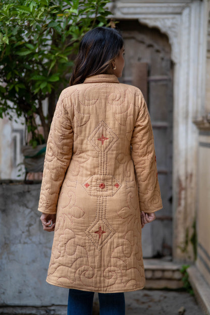 Sand Brown Kantha Quilted Coat-NVQJ558