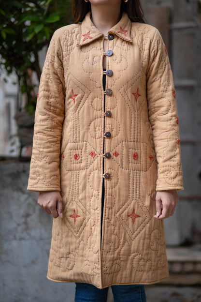 Sand Brown Kantha Quilted Coat-NVQJ558