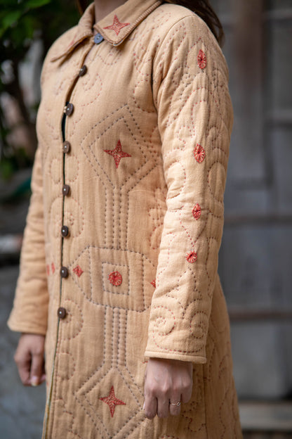 Sand Brown Kantha Quilted Coat-NVQJ558