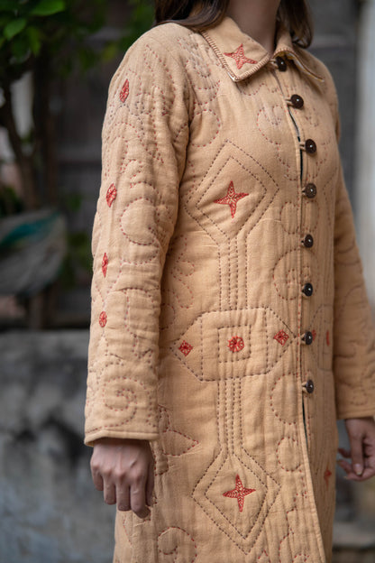 Sand Brown Kantha Quilted Coat-NVQJ558