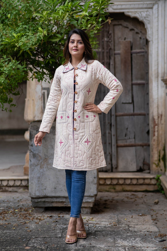 Beige Kantha Quilted Coat-NVQJ562