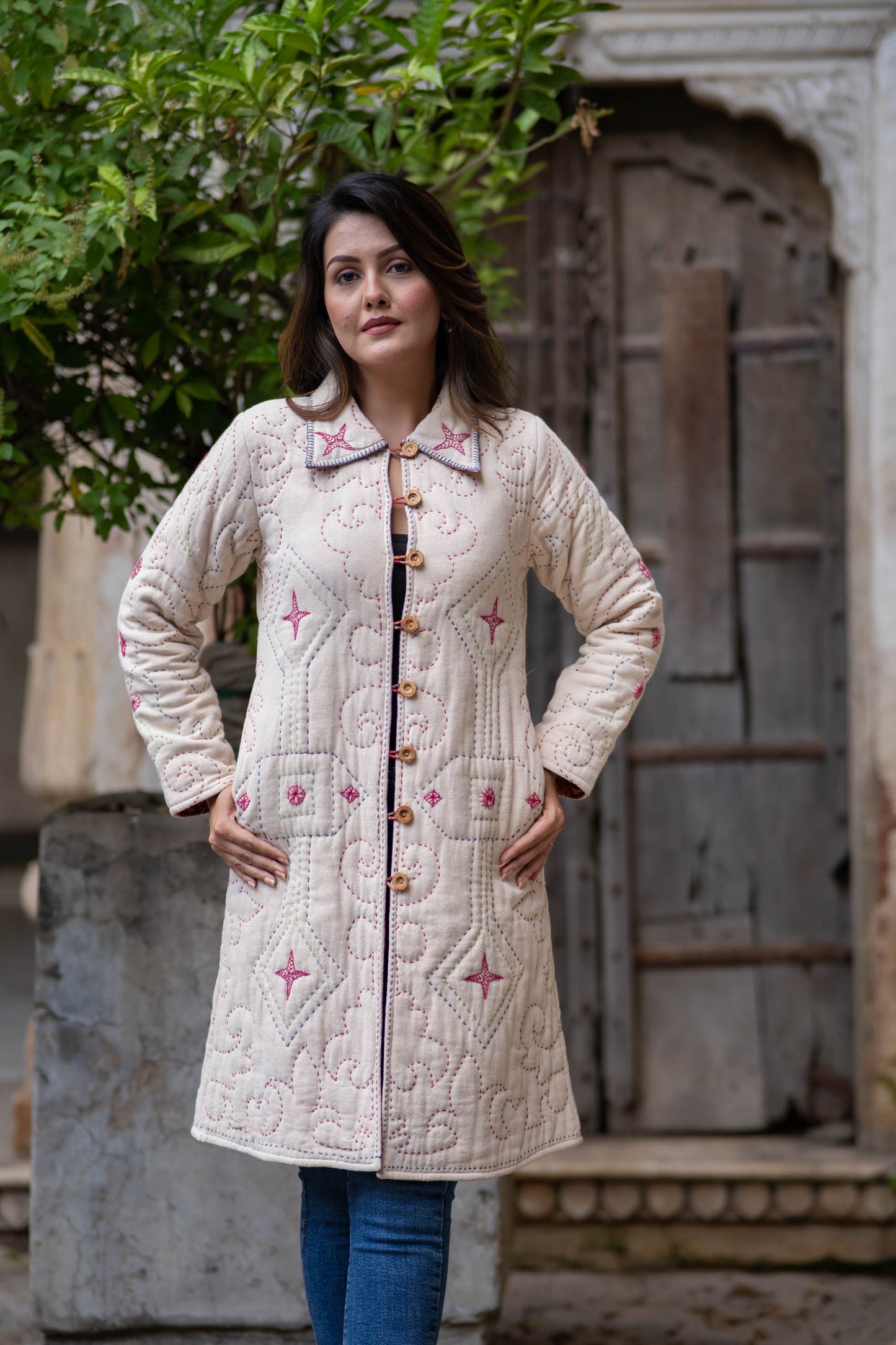 Beige Kantha Quilted Coat-NVQJ562