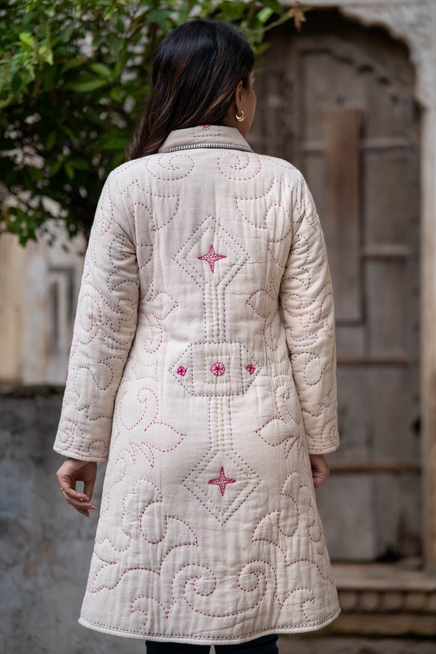 Beige Kantha Quilted Coat-NVQJ562