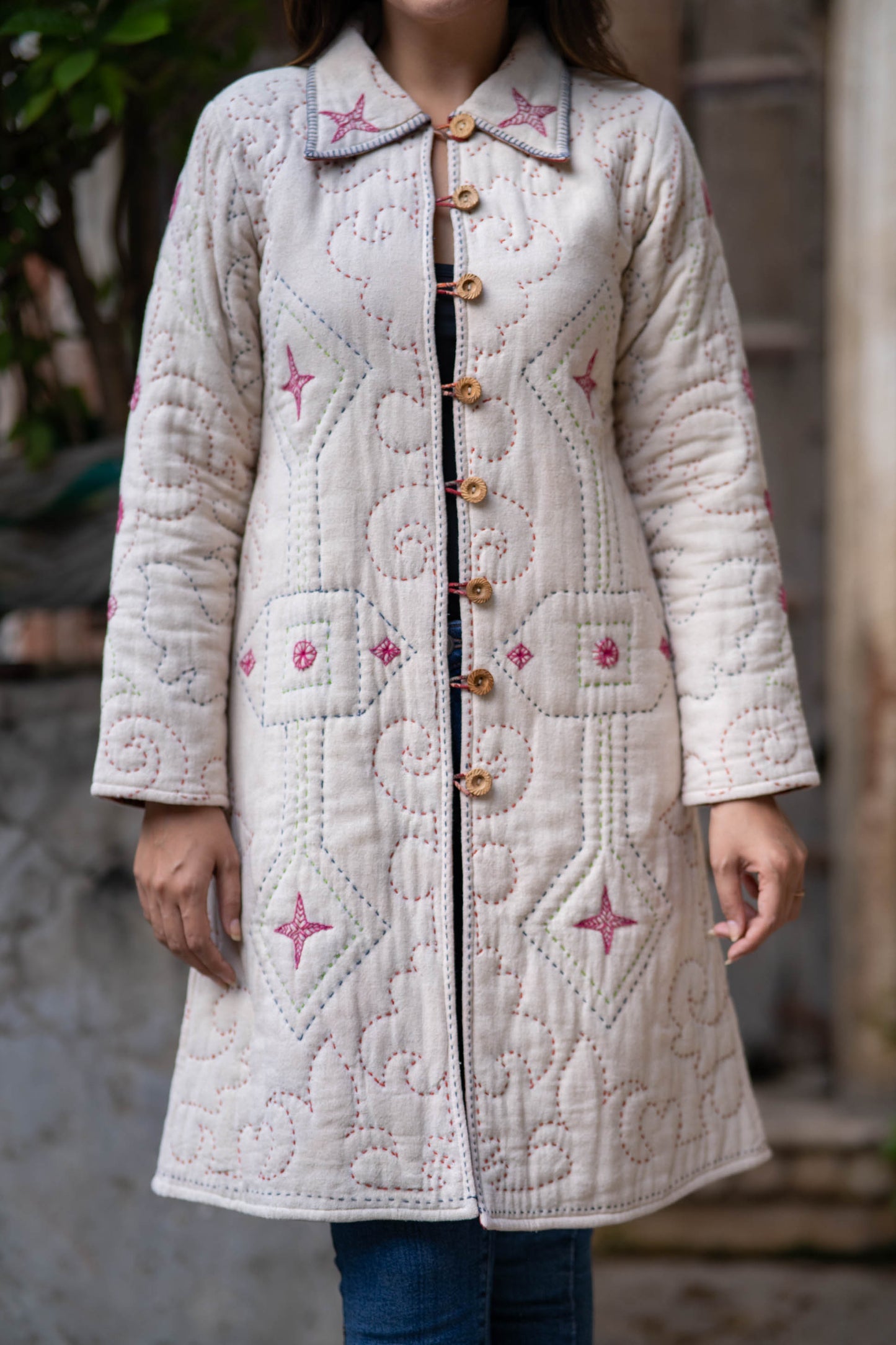 Beige Kantha Quilted Coat-NVQJ562