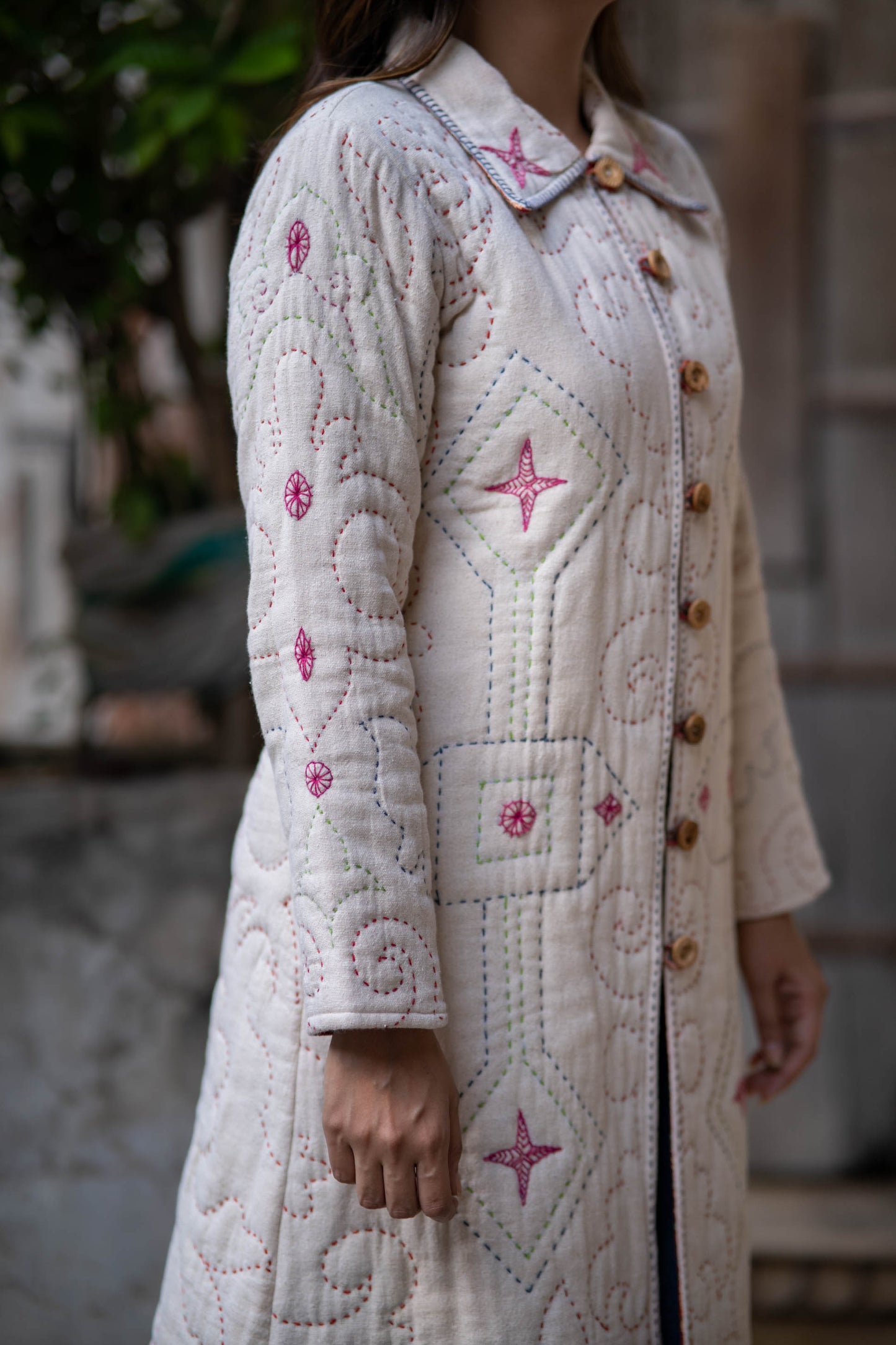 Beige Kantha Quilted Coat-NVQJ562