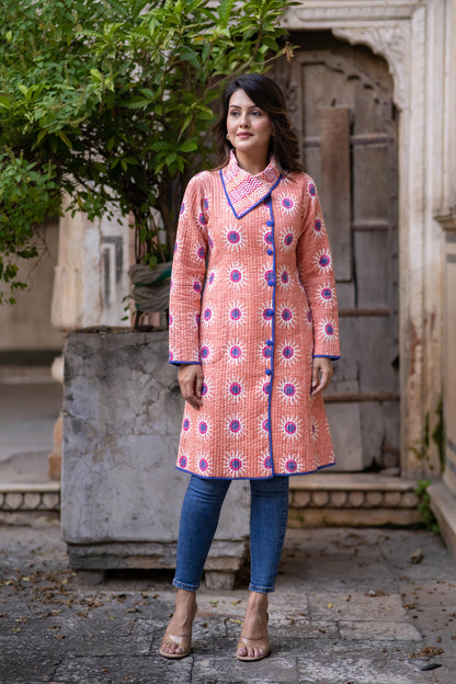 Orange Hand Block Printed Bukhara Coat-NVQJ550