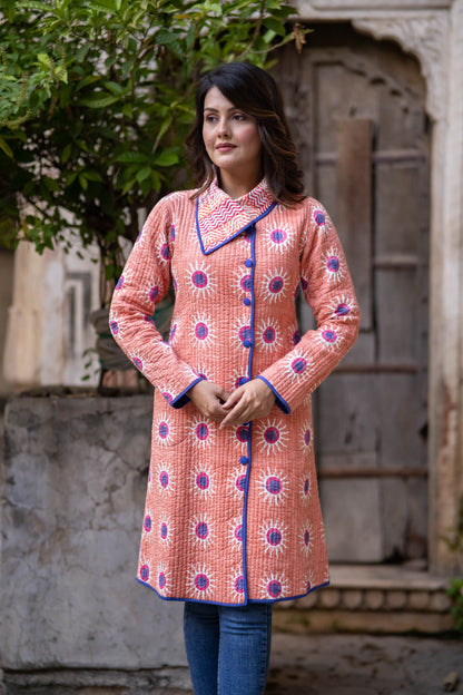 Orange Hand Block Printed Bukhara Coat-NVQJ550