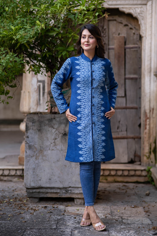 Indigo Block Printed Quilted Coat-NVQJ563