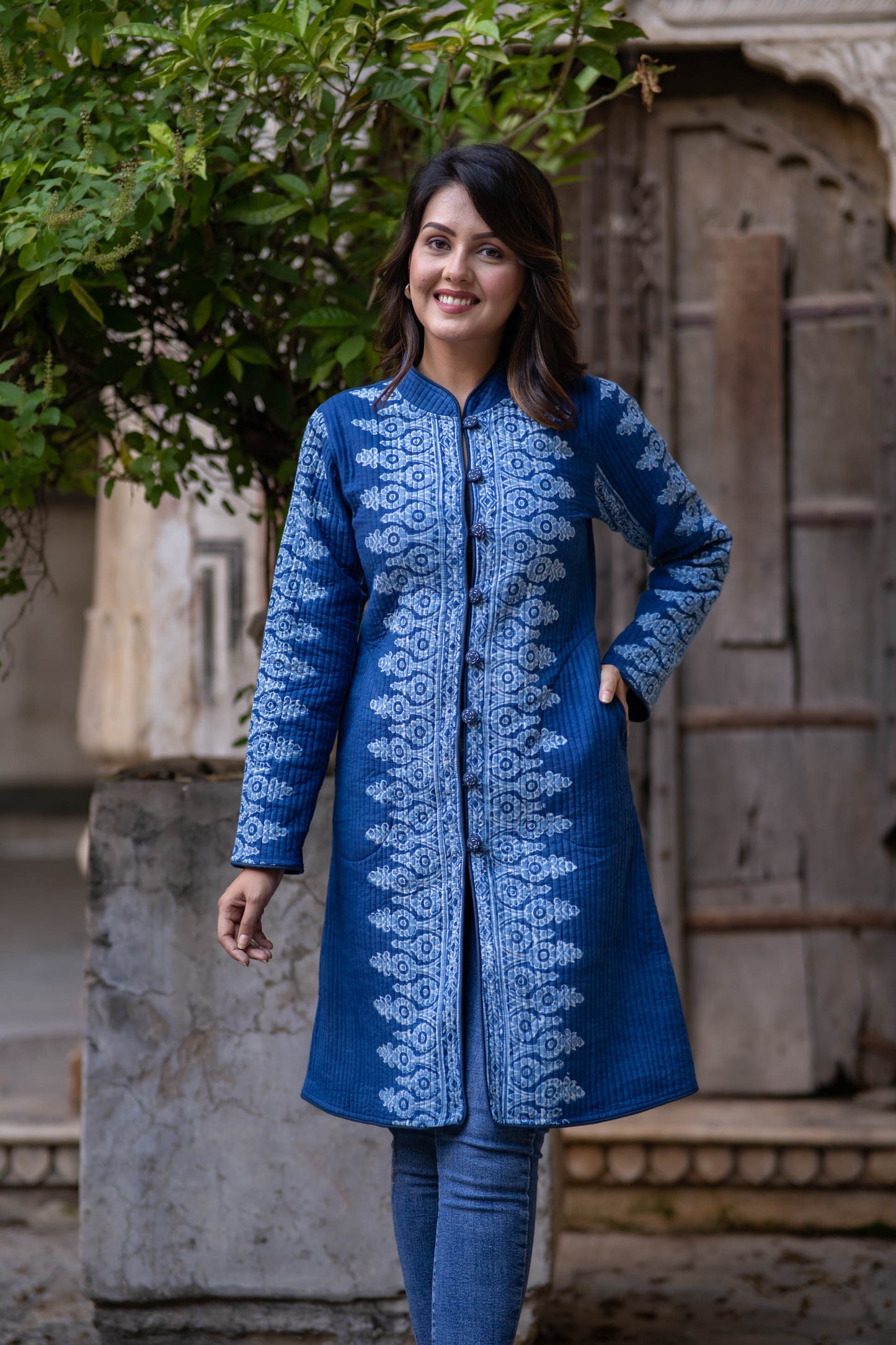 Indigo Block Printed Quilted Coat-NVQJ563