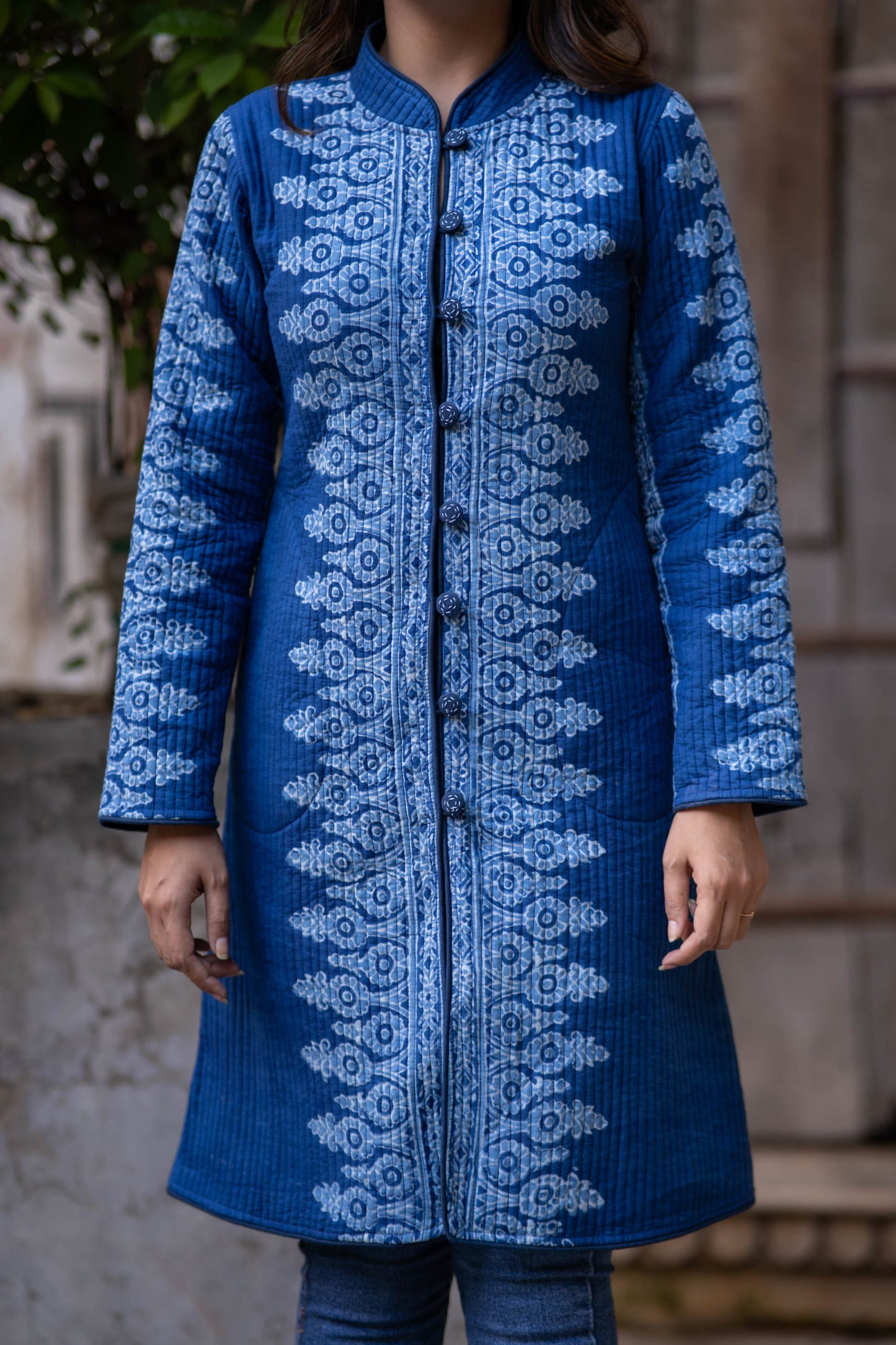 Indigo Block Printed Quilted Coat-NVQJ563