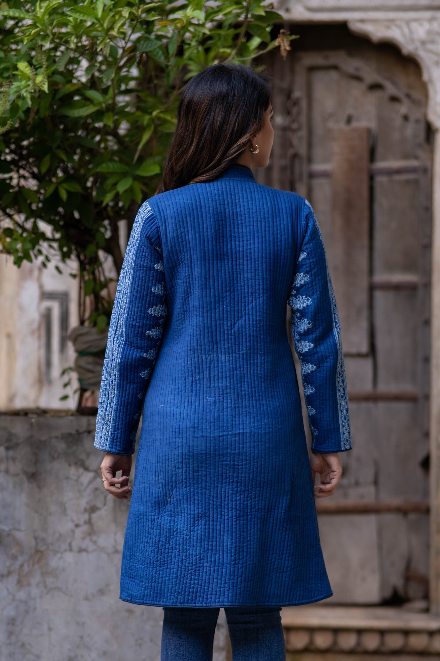 Indigo Block Printed Quilted Coat-NVQJ563