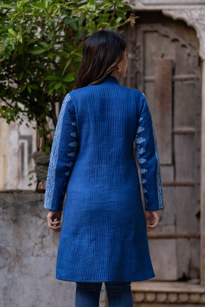 Indigo Block Printed Quilted Coat-NVQJ563 SALE