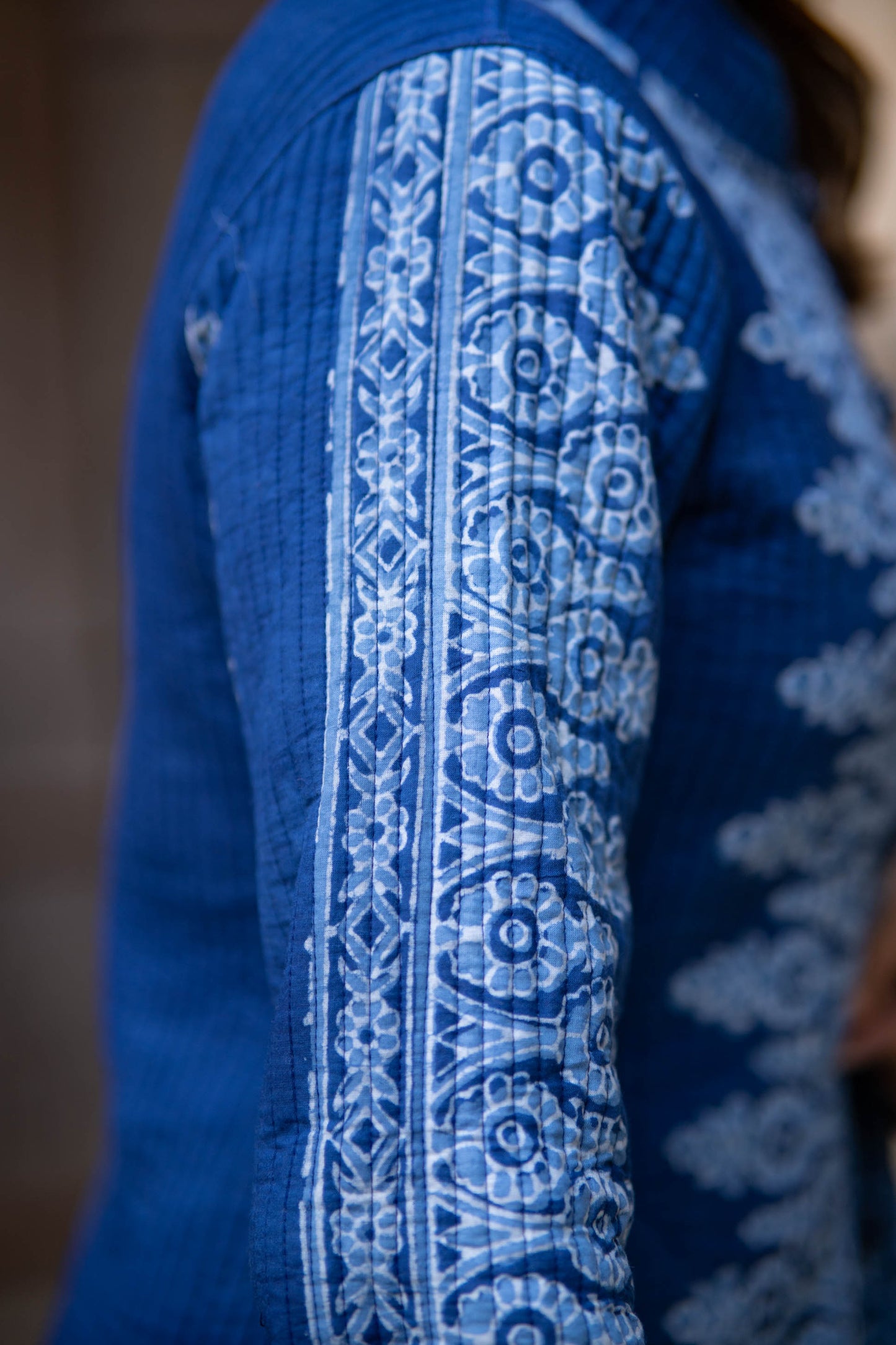 Indigo Block Printed Quilted Coat-NVQJ563