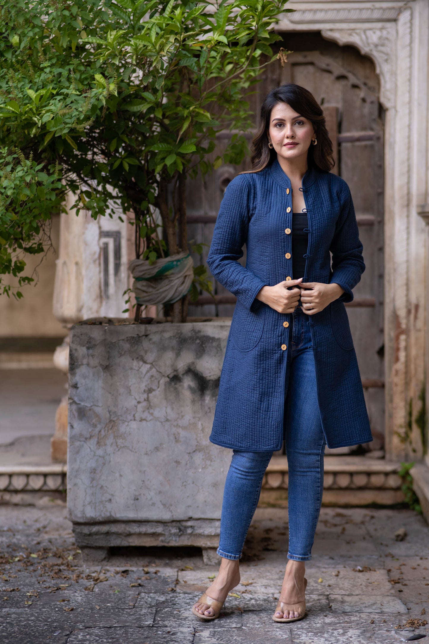 Indigo Block Printed Quilted Coat-NVQJ563