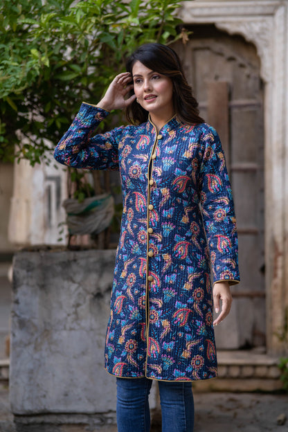 Blue Reversible Cotton Quilted Coat-NVQJ551