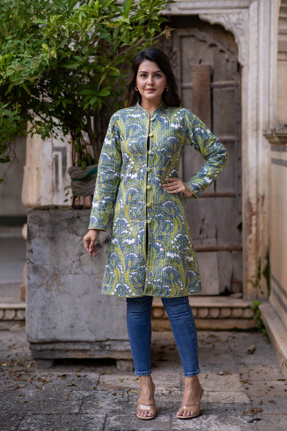 Green Reversible Cotton Quilted Coat-NVQJ552