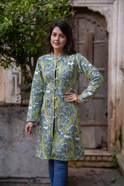 Green Reversible Cotton Quilted Coat-NVQJ552