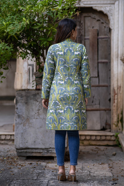 Green Reversible Cotton Quilted Coat-NVQJ552