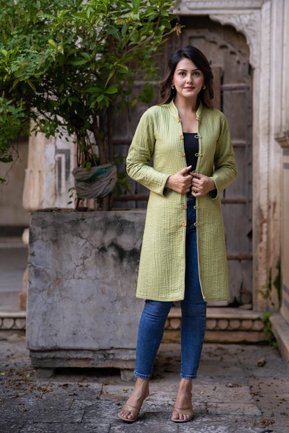 Green Reversible Cotton Quilted Coat-NVQJ552