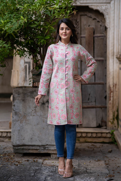 Light Green Reversible Cotton Quilted Coat-NVQJ554