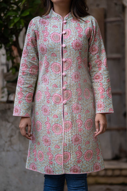Light Green Reversible Cotton Quilted Coat-NVQJ554