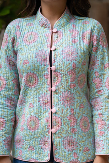 Floral Block Printed Reversible Quilted Jacket-NVQJ531