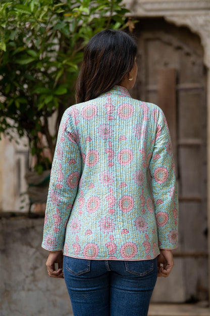Floral Block Printed Reversible Quilted Jacket-NVQJ531