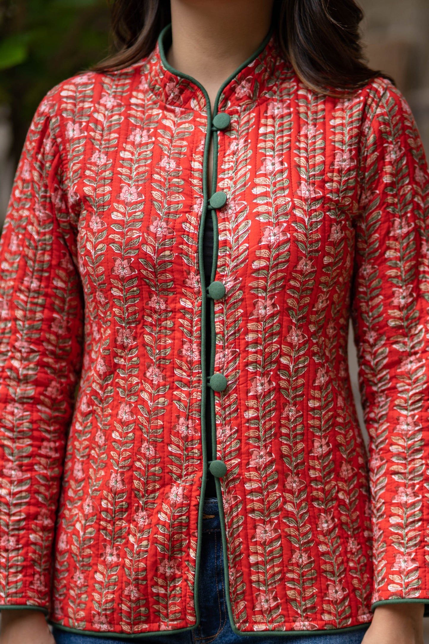 Red Block Printed Reversible Quilted Jacket-NVQJ533