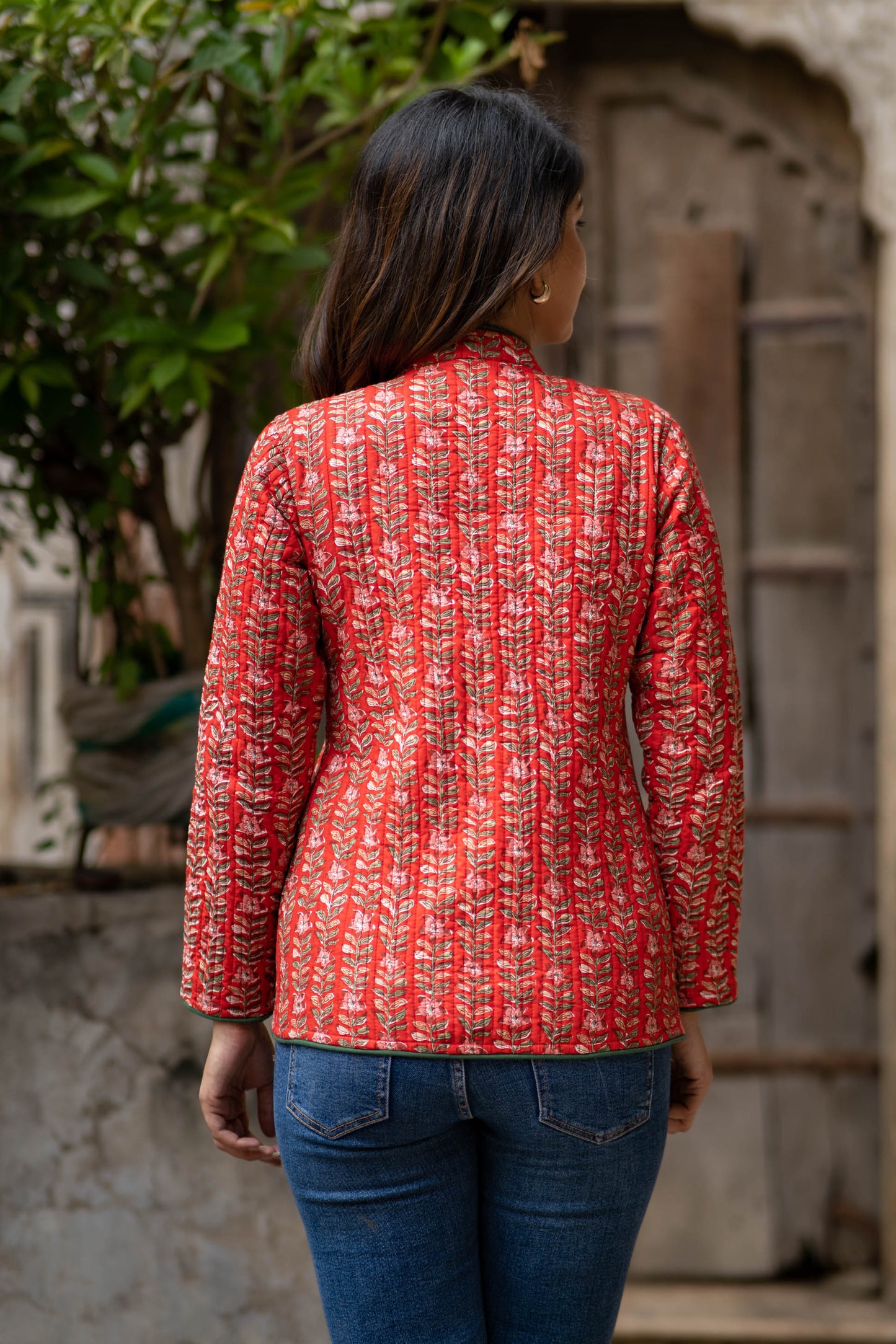 Red Block Printed Reversible Quilted Jacket-NVQJ533