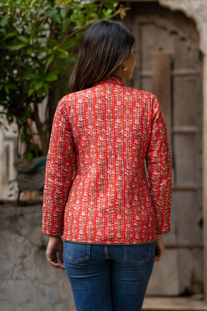 Red Block Printed Reversible Quilted Jacket-NVQJ533