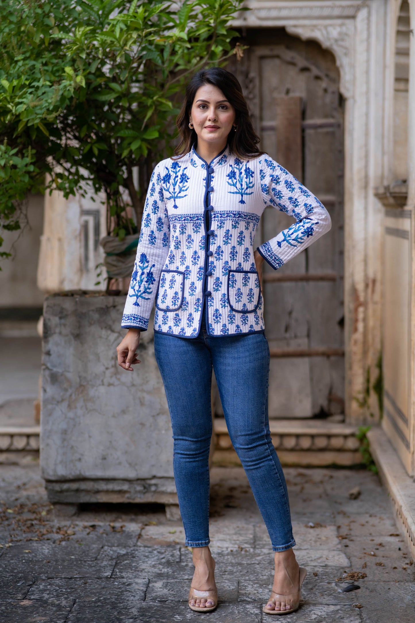 Blue White Reversible Quilted Jacket-NVQJ536