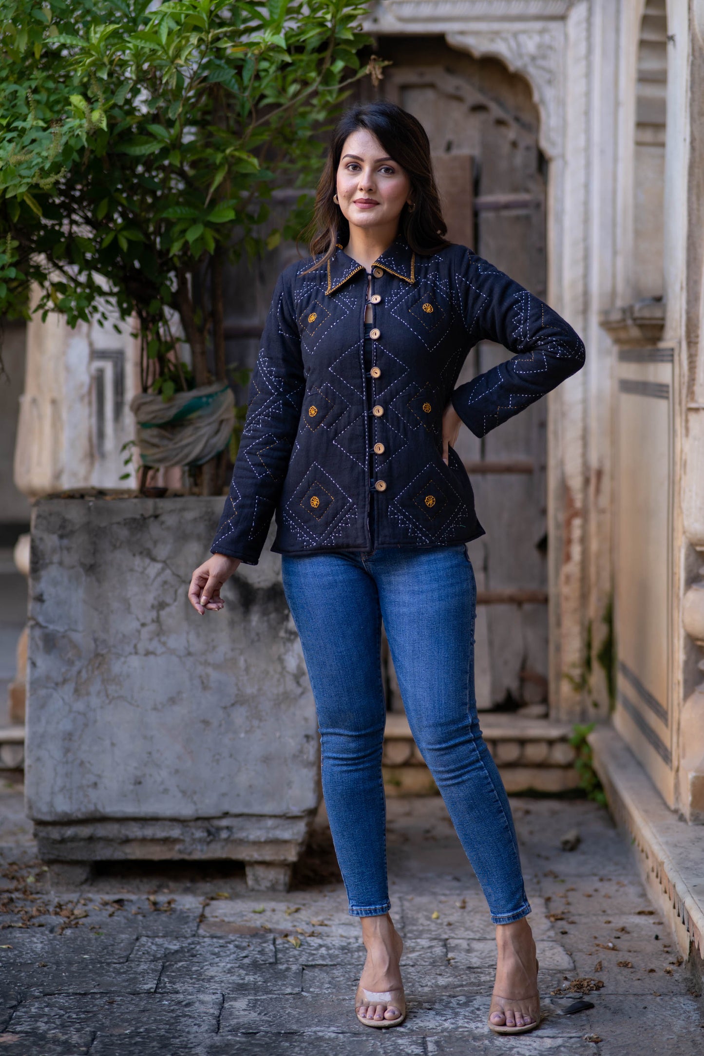 Black Kantha Quilted Jacket-NVQJ540