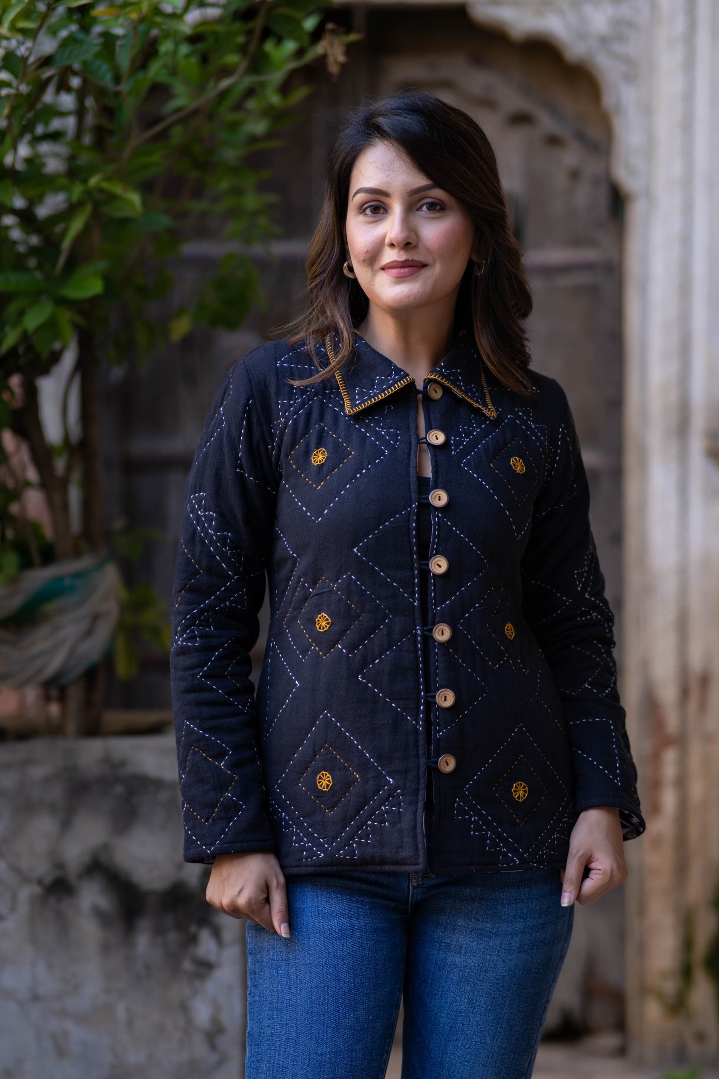 Black Kantha Quilted Jacket-NVQJ540