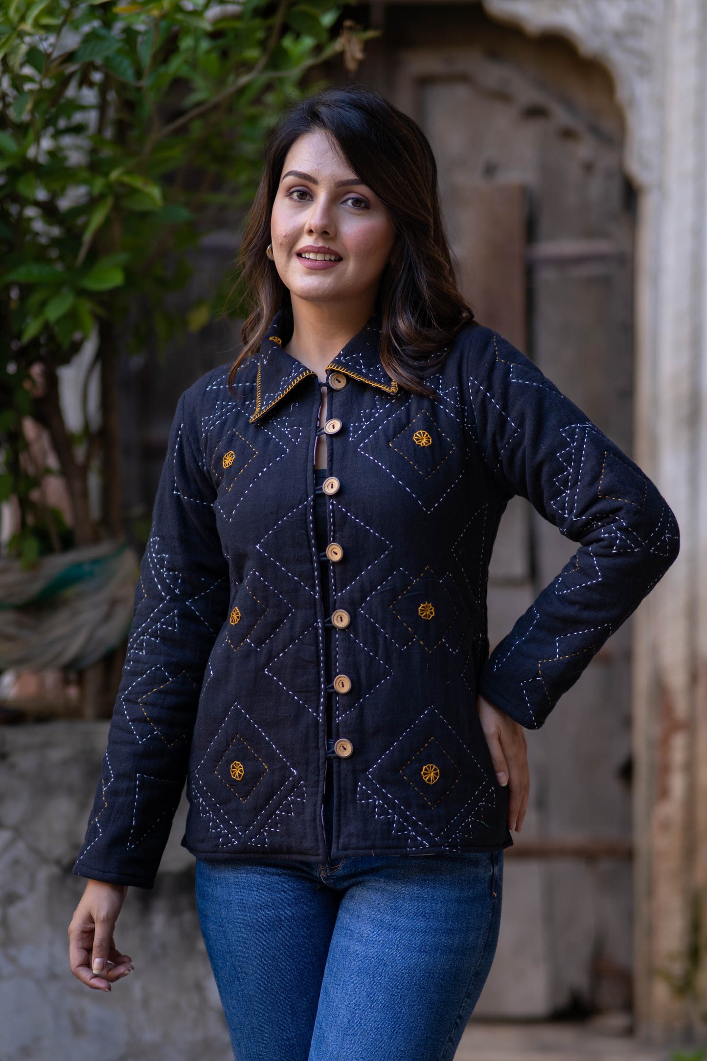 Black Kantha Quilted Jacket-NVQJ540