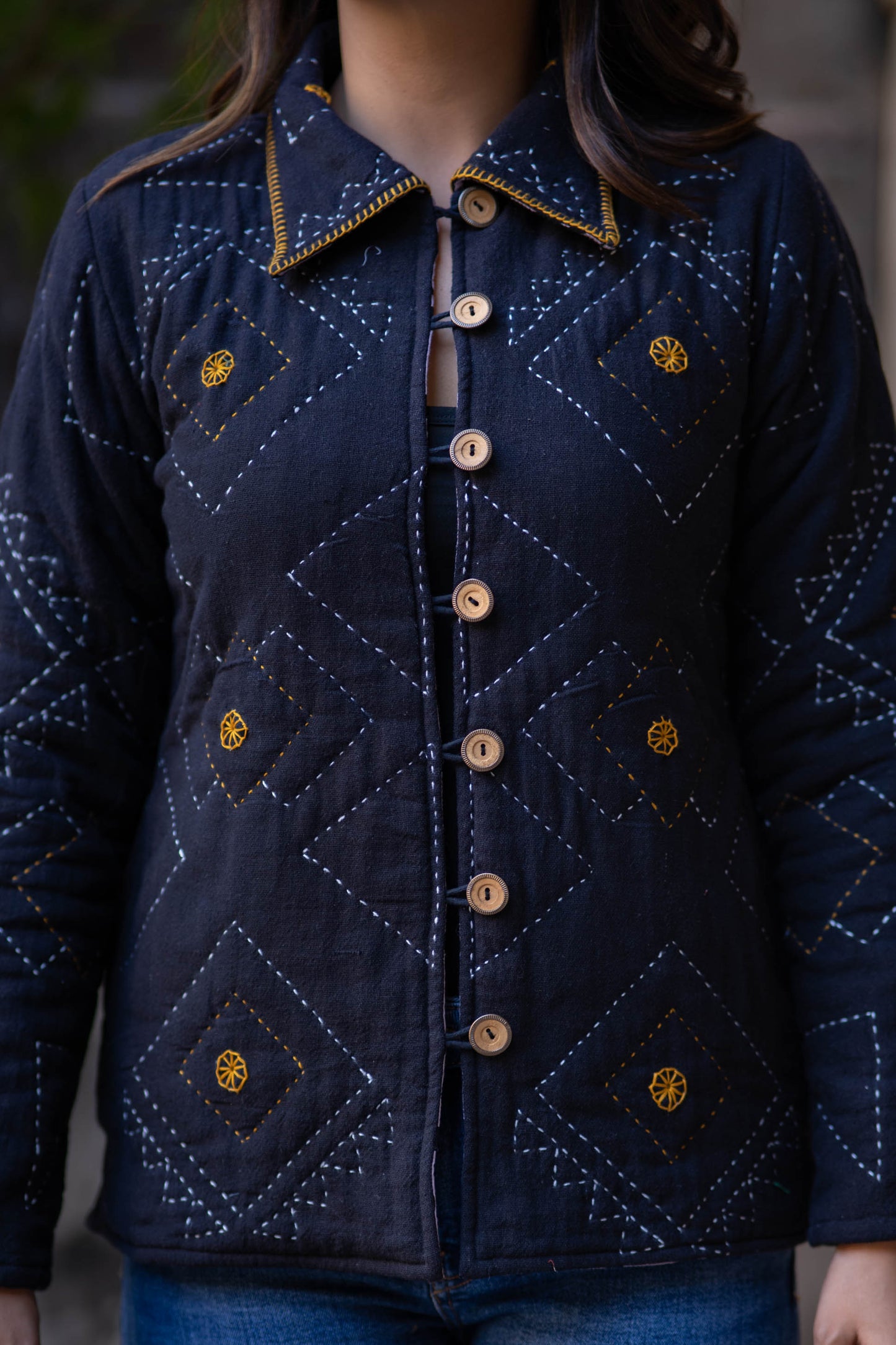 Black Kantha Quilted Jacket-NVQJ540