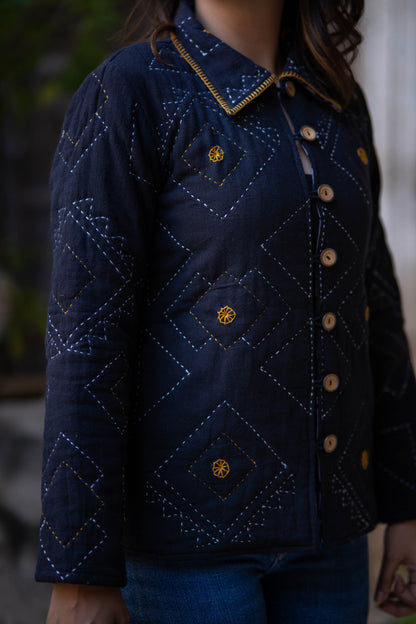 Black Kantha Quilted Jacket-NVQJ540