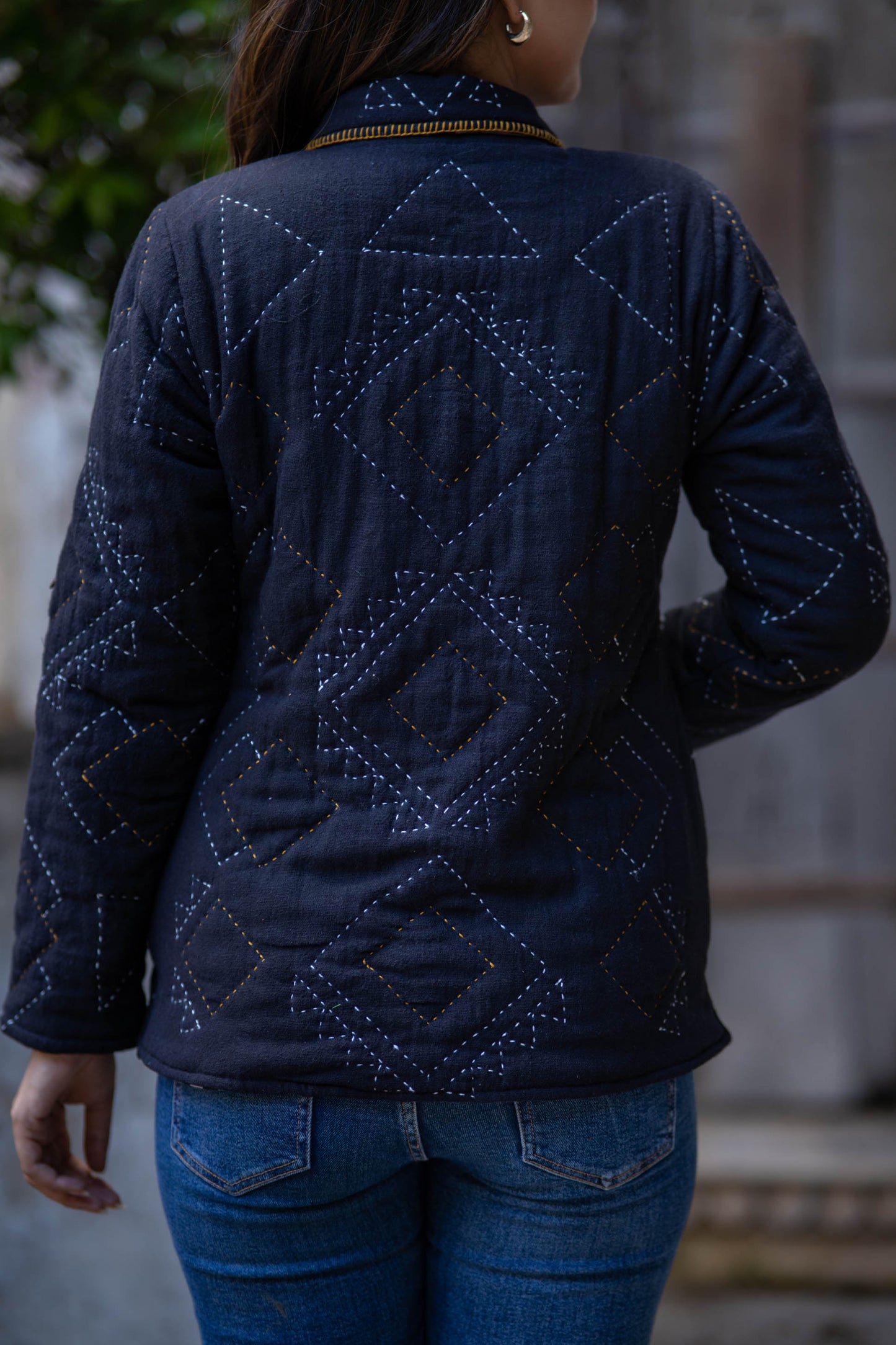 Black Kantha Quilted Jacket-NVQJ540