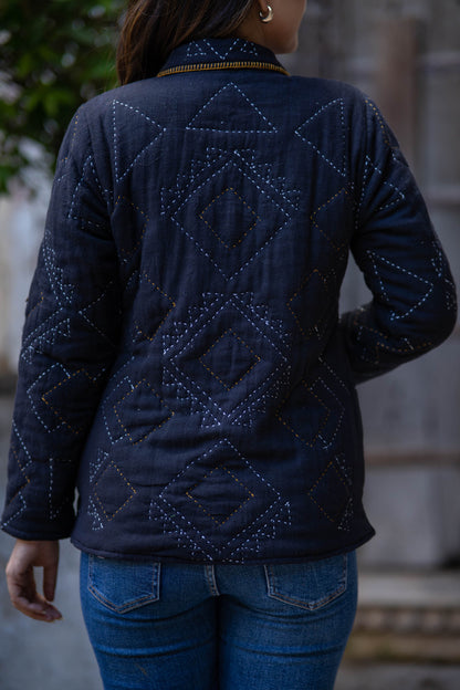 Black Kantha Quilted Jacket-NVQJ540