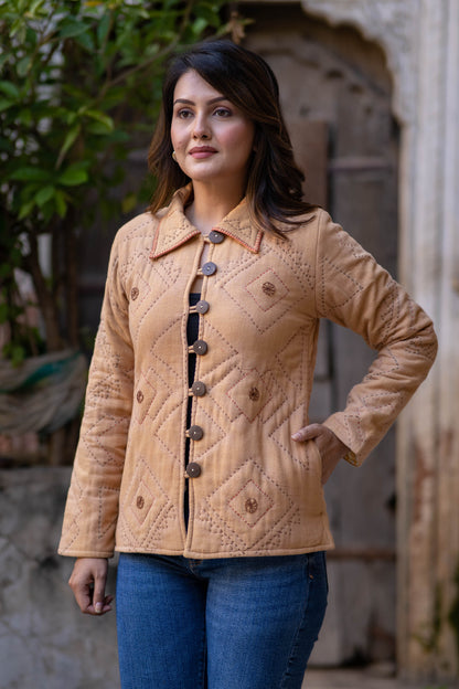 Sand Brown Kantha Quilted Jacket-NVQJ541