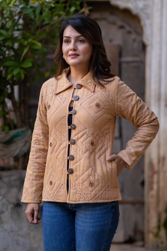 Sand Brown Kantha Quilted Jacket-NVQJ541