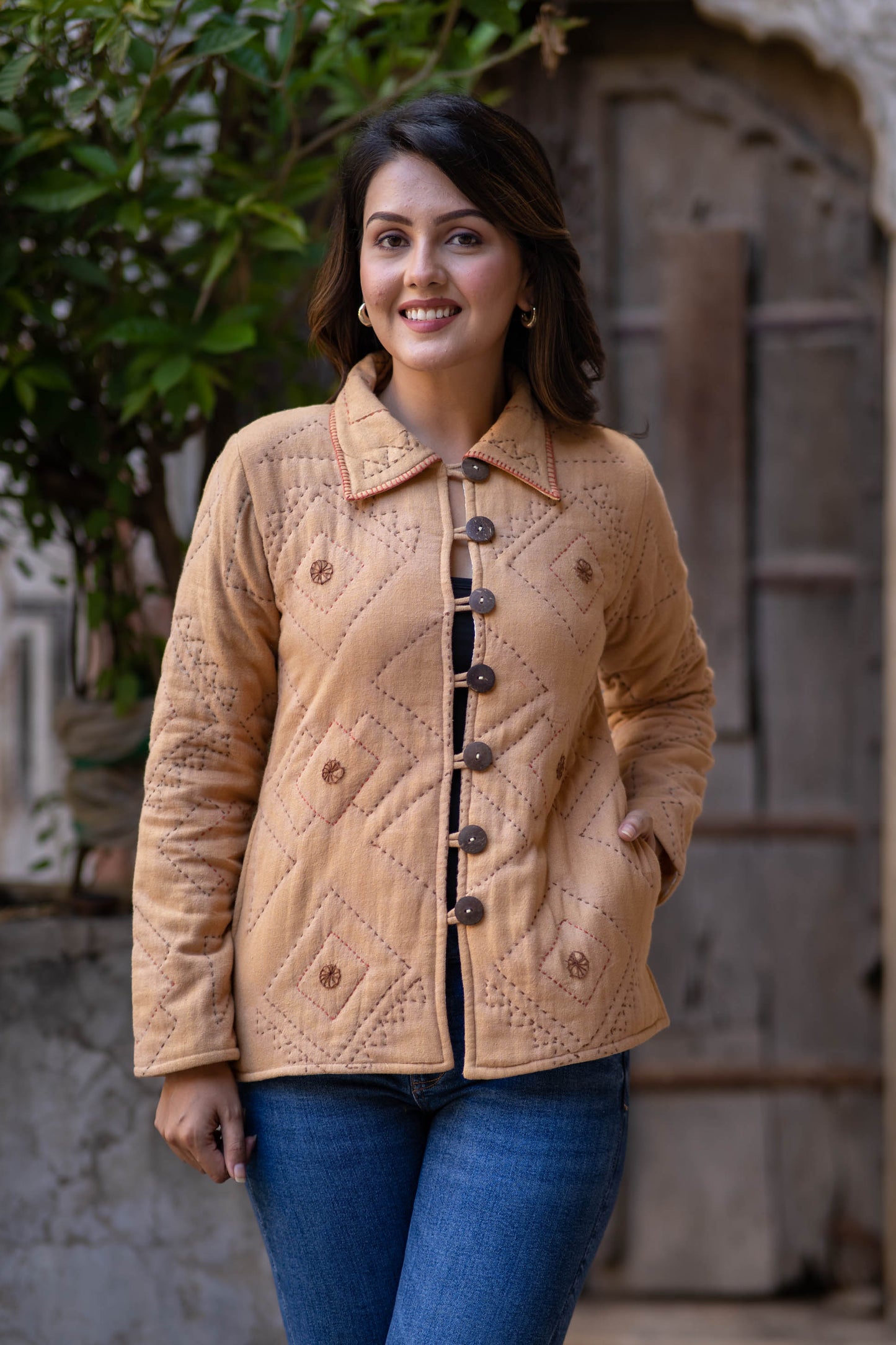 Sand Brown Kantha Quilted Jacket-NVQJ541