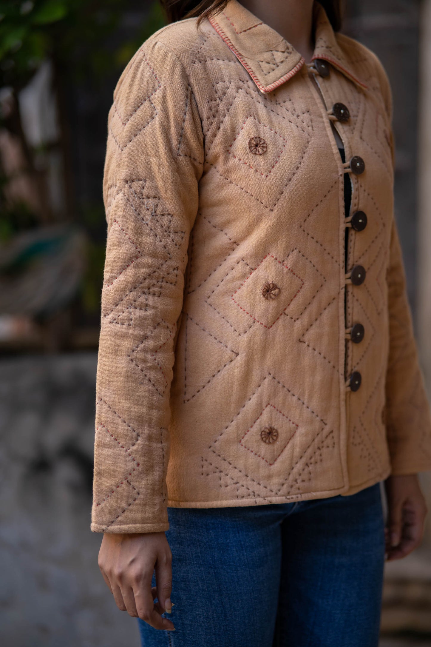 Sand Brown Kantha Quilted Jacket-NVQJ541