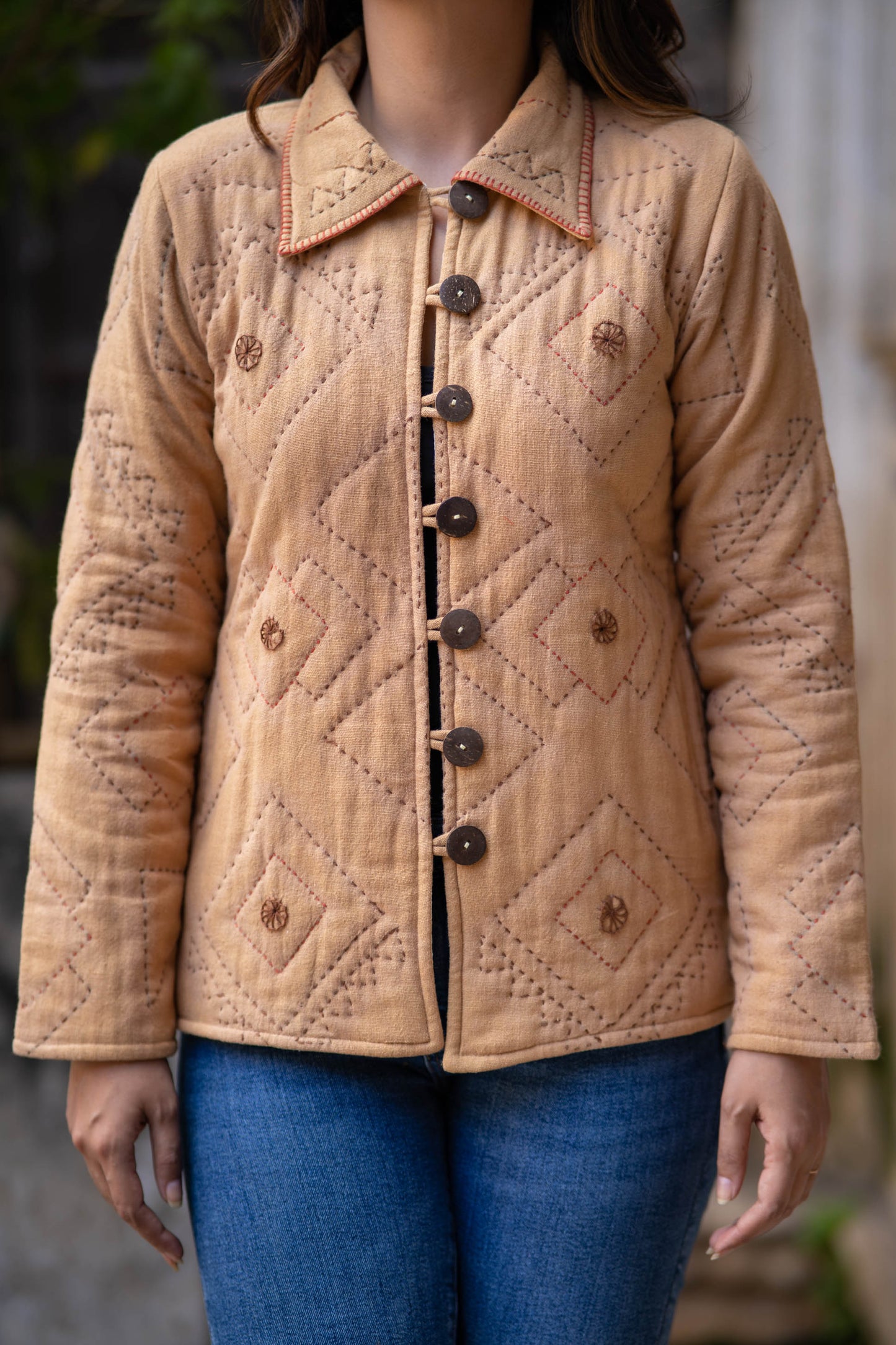 Sand Brown Kantha Quilted Jacket-NVQJ541