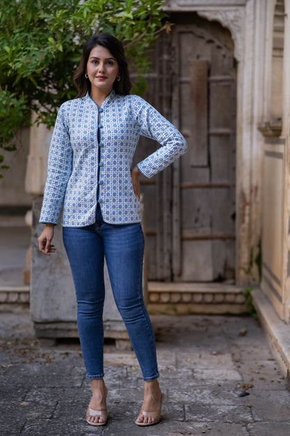 Floral Block Printed Reversible Quilted Jacket-NVQJ532